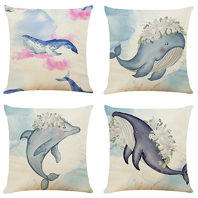 

Cartoon Whale Double Side Cushion Cover 4PC Soft Decorative Square Throw Pillow Cover Cushion Case Pillowcase Superior Quality Machine Washable Indoor Cushion for Sofa Couch Bed Chair