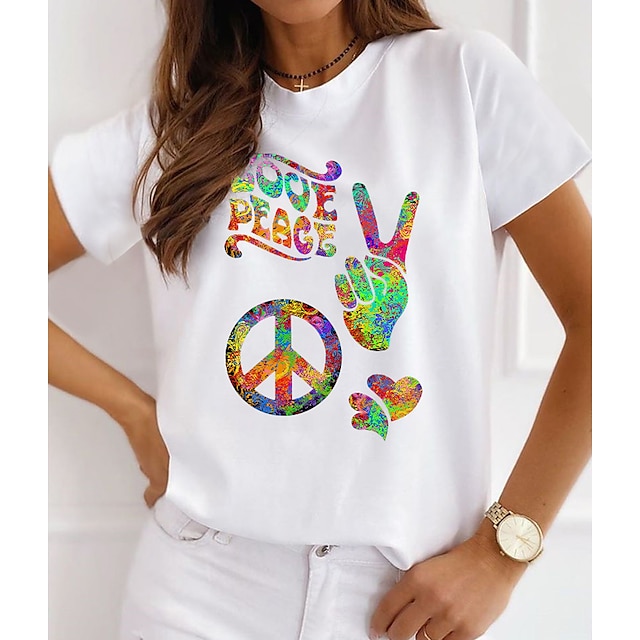 

Women's Painting T shirt Heart Peace Love Print Round Neck Basic Tops White Black