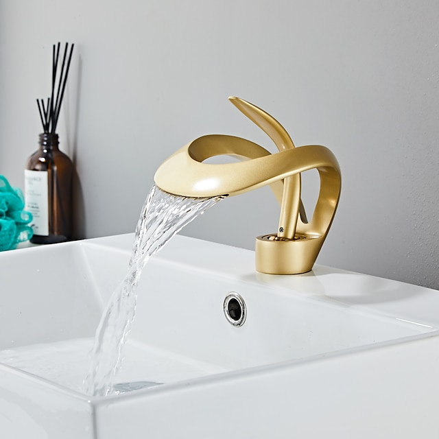  Bathroom Sink Faucet, Tall Body Modern Style Waterfall Mixer Basin Taps Single Handle One Hole Bath Taps with Hot and Cold Water Hose