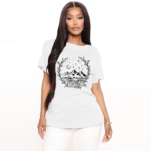 

Women's T shirt Graphic Flower Print Round Neck Basic Tops 100% Cotton Green Blue White