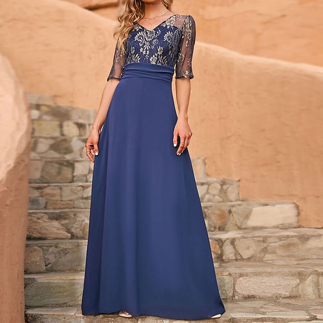 

Women's A Line Dress Maxi long Dress Navy Blue Half Sleeve Pure Color Chiffon Spring Summer V Neck Elegant Modern 2022 S M L XL XXL