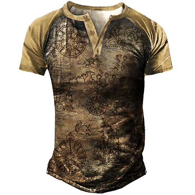 

Men's Henley Shirt Tee T shirt 3D Print Graphic Machine Henley Casual Daily Button-Down Print Short Sleeve Tops Fashion Vintage Big and Tall Military Style Brown / Summer