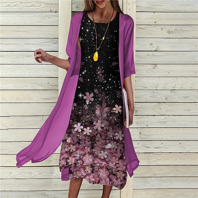 

Women's Shift Dress Midi Dress Purple Half Sleeve Floral Print Spring Summer Round Neck Elegant Casual Vacation 2022 S M L XL XXL 3XL