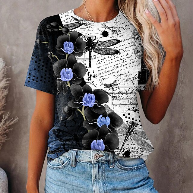 

Women's Floral Theme Painting T shirt Floral Print Round Neck Basic Tops Blue Purple Pink / 3D Print