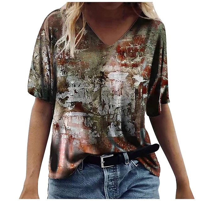 

Women's Painting T shirt Graffiti Print V Neck Basic Tops Green / 3D Print