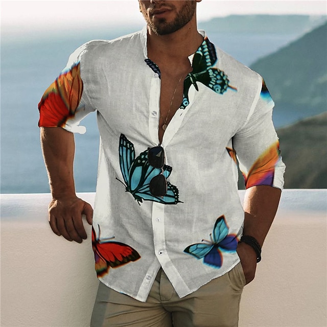 

Men's Shirt 3D Print Butterfly Animal Stand Collar Casual Daily Button-Down Print Long Sleeve Tops Casual Fashion Designer Comfortable White