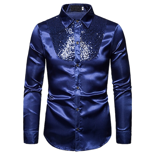 Mens Clothing Mens Shirts | Mens Tuxedo Shirts Solid Color Turndown Party Street Sequins Button-Down Long Sleeve Tops Fashion Br