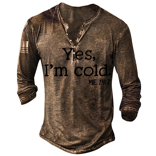

Men's Henley Shirt Tee T shirt 3D Print Graphic Letter Plus Size Henley Casual Daily Button-Down Print Long Sleeve Tops Casual Retro Designer Military Brown