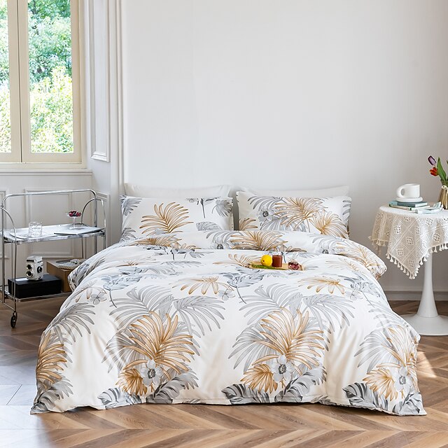 

Leaf Pattern 3-Pieces White Duvet Cover Set Hotel Bedding Sets Kids Comforter Cover with Soft Lightweight Microfiber, Include 1 Duvet Cover, 2 Pillowcases