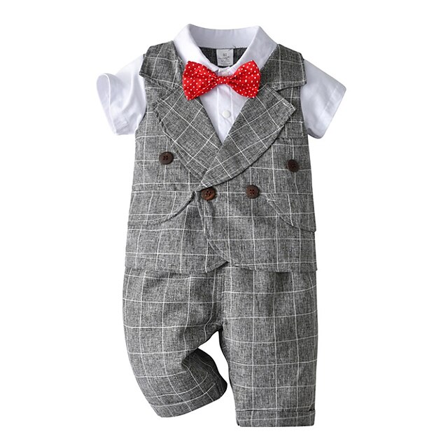 Baby & Kids Boys Clothing | Toddler Boys Suit Vest Clothing Set 2 Pieces Short Sleeve Gray Light Blue Plaid Bow Indoor Outdoor F