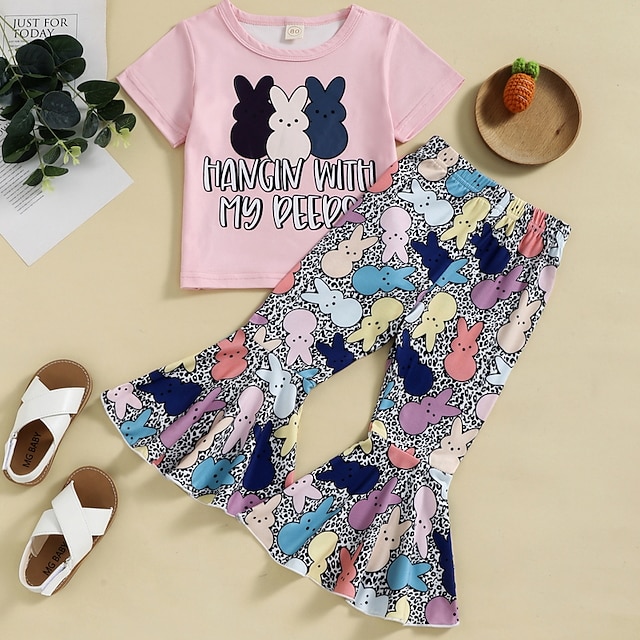 

Kids Girls' T-shirt Pants Clothing Set 2 Pieces Short Sleeve Pink Leopard Rabbit Letter Print Indoor Outdoor Cute Sweet Regular 1-5 Years