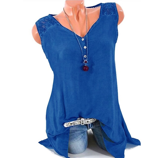 

Women's Tank Top Vest Plain Lace Patchwork Button V Neck Casual Streetwear Tops Green Blue Gray