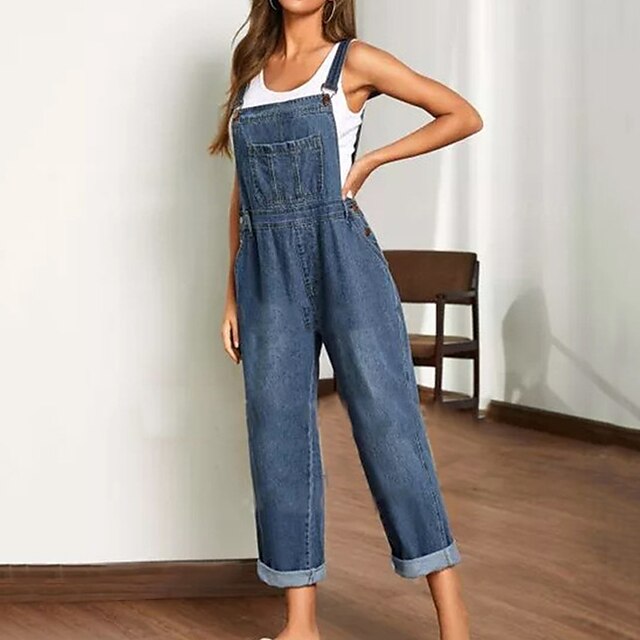 

Women's Overall Pocket Solid Color Square Neck Casual Street Casual Regular Fit Sleeveless Blue S M L Spring