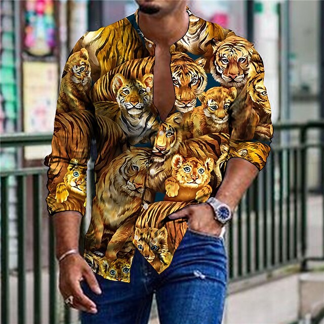 

Men's Shirt 3D Print Tiger Animal Stand Collar Casual Daily Button-Down Print Long Sleeve Tops Casual Fashion Designer Comfortable Yellow