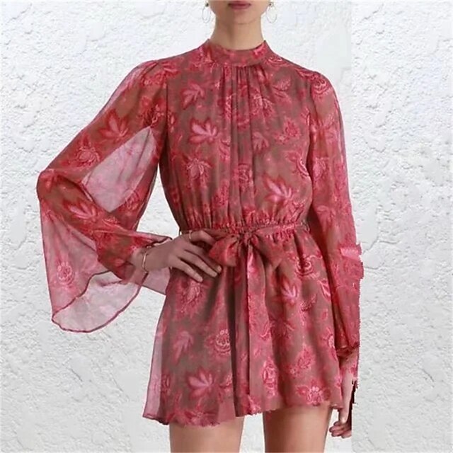 

Women's Romper Backless Lace up Floral Turtleneck Casual Home Street Regular Fit Long Sleeve Red S M L Spring