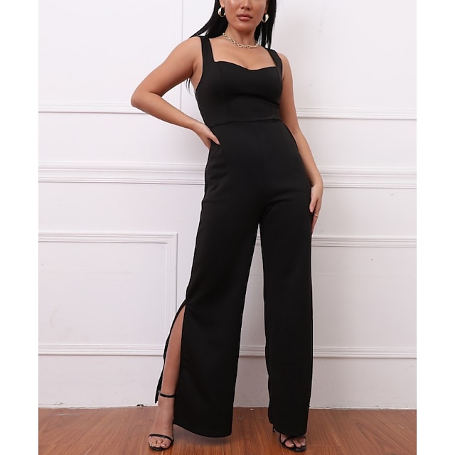

Women's Jumpsuit Split Patchwork Solid Color U Neck Formal Work Office Straight Bodycon Sleeveless Sleeveless Black S M L Spring