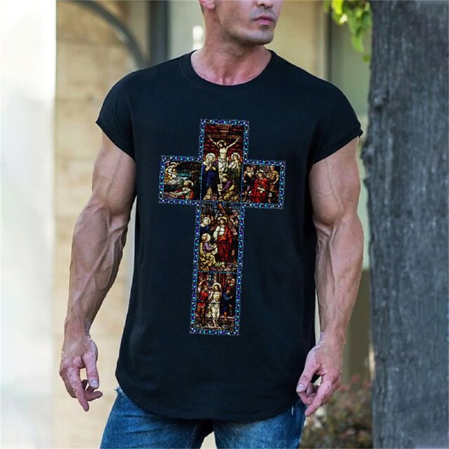 

Men's T shirt Hot Stamping Graphic Cross Crew Neck Casual Daily Print Short Sleeve Tops Lightweight Fashion Big and Tall Sports Black