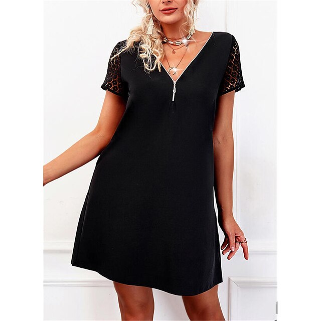 

Women's Shift Dress Short Mini Dress Black Short Sleeve Pure Color Zipper Lace Spring Summer V Neck Stylish Casual Modern Loose 2022 S M L XL XXL 3XL