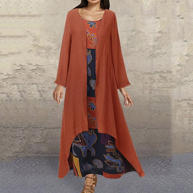 

Women's A Line Dress Maxi long Dress Orange Navy Blue Long Sleeve Floral Print Spring Summer Round Neck Casual Vintage 2022 5XL M L XL XXL 3XL 4XL