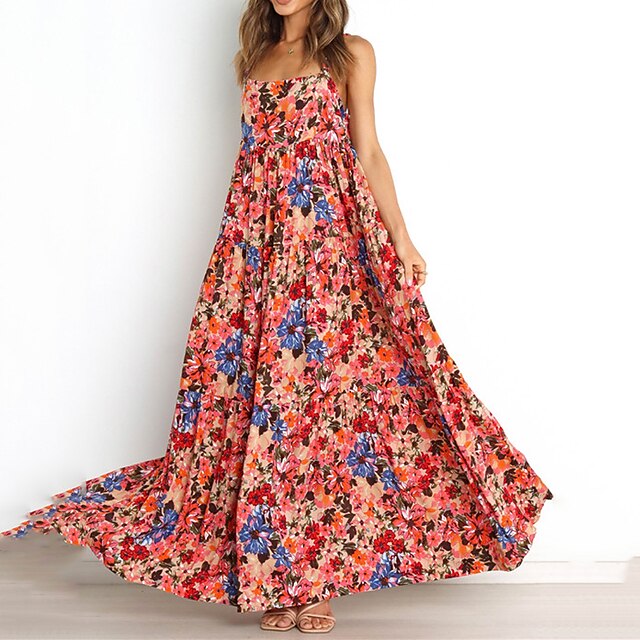 Womens Clothing Womens Dresses | Womens Swing Dress Maxi long Dress Red Sleeveless Floral Backless Print Spring Summer Boat Neck