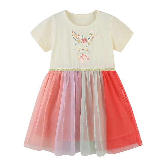 

Kids Little Girls' Dress Cartoon Rabbit A Line Dress Daily Ruched Mesh Print White Knee-length Short Sleeve Sweet Dresses Summer Regular Fit 2-8 Years