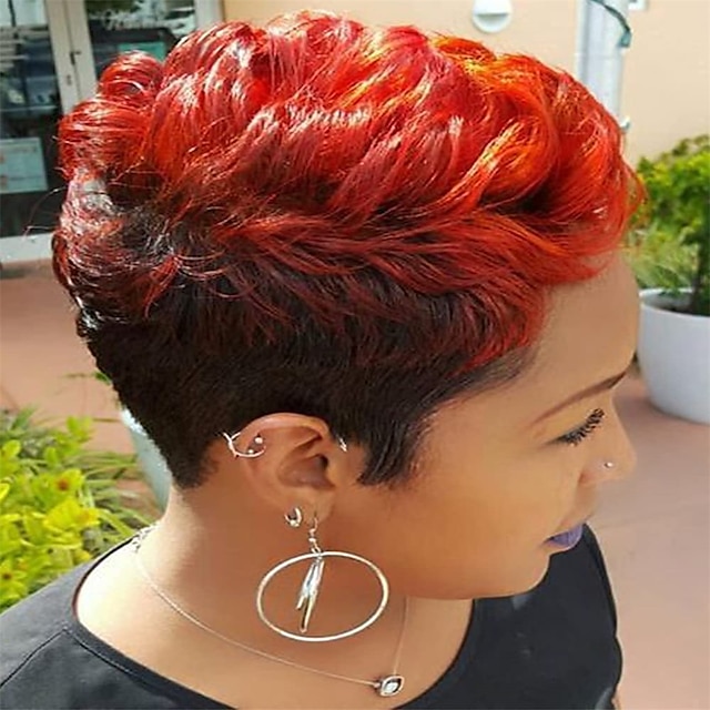  peluca rizada corta roja a negra peluca sintética corte pixie para mujer