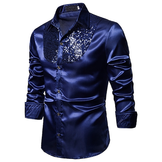 Mens Clothing Mens Shirts | Mens Tuxedo Shirts Solid Color Turndown Party Street Sequins Button-Down Long Sleeve Tops Fashion Br