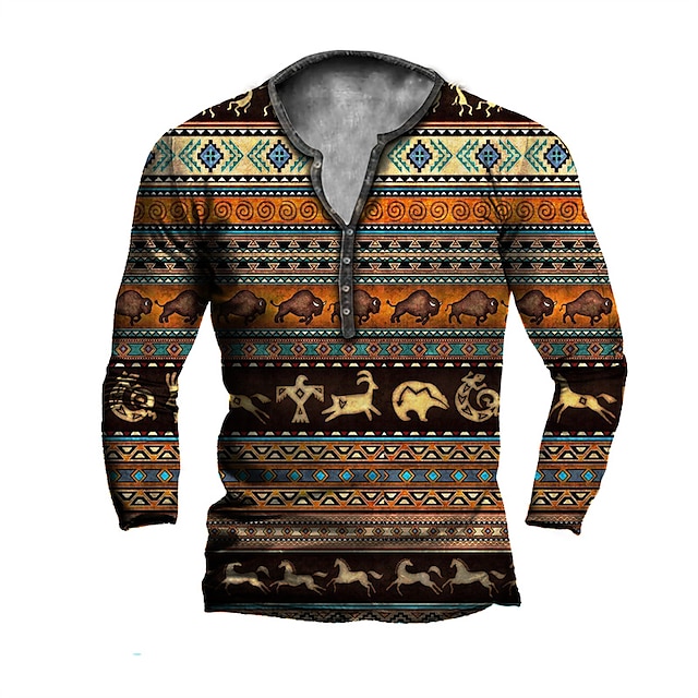 

Men's Henley Shirt T shirt 3D Print Graphic Tribal Henley Casual Daily Button-Down Print Long Sleeve Tops Casual Vintage Classic Designer Brown
