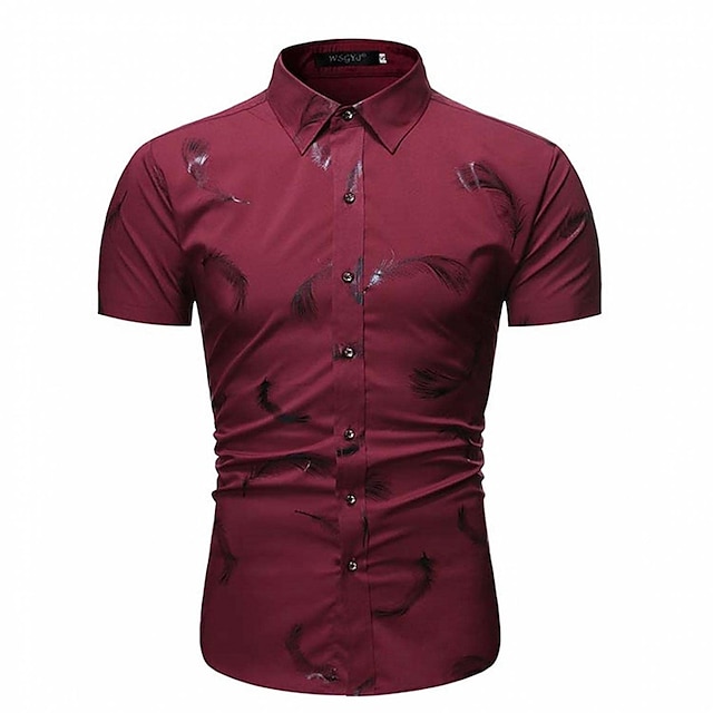 Mens Clothing Mens Shirts | Mens Dress Shirt Print Feather Turndown Street Daily Button-Down Print Short Sleeve Tops Business Cl