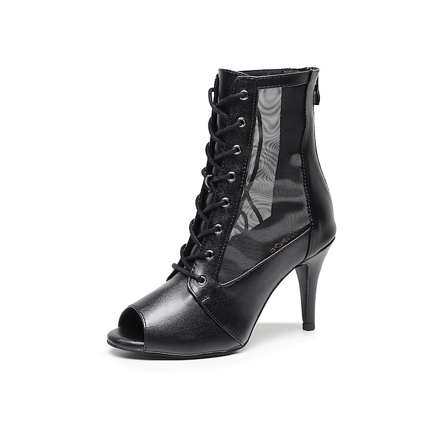 

Women's Dance Boots Party Indoor Outdoor Boots Tulle Slim High Heel Peep Toe Black Lace-up Adults' Lace Up