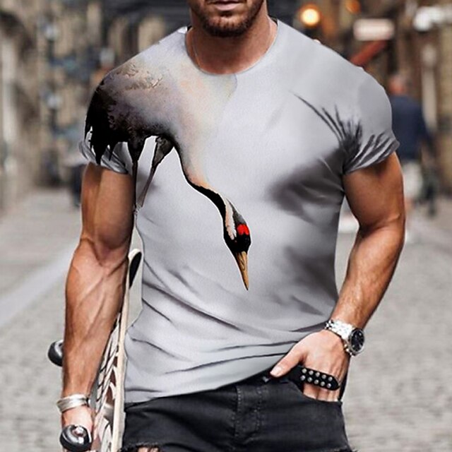 

Men's Unisex T shirt 3D Print Graphic Prints Crew Neck Red-crowned Crane Street Daily Print Short Sleeve Tops Casual Designer Big and Tall Sports Gray