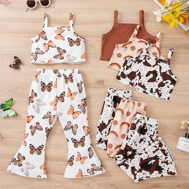 

Kids Girls' T-shirt Pants Clothing Set 2 Pieces Sleeveless White Pink Light Brown Camo Butterfly Print Indoor Outdoor Cute Sweet Regular 1-5 Years