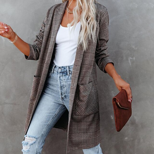

Women's Trench Coat Coat Daily Spring Long Coat Regular Fit Breathable Casual Jacket Long Sleeve Plaid / Check Print Coffee