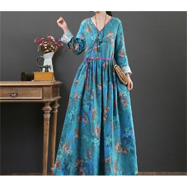 

Women's Swing Dress Maxi long Dress Blue Purple Long Sleeve Floral Print Spring Summer V Neck Casual Linen L XL XXL 3XL 4XL 5XL