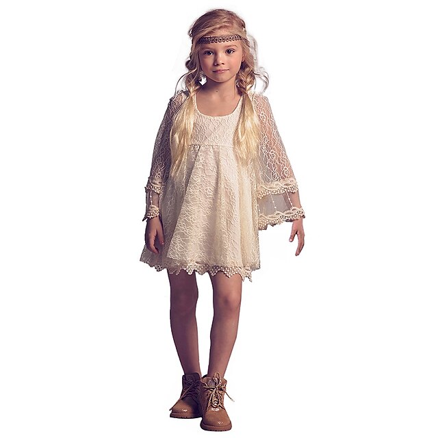 

Kids Little Girls' Dress Plain A Line Dress Wedding Special Occasion Lace White Above Knee Long Sleeve Princess Sweet Dresses Summer Regular Fit 4-12 Years