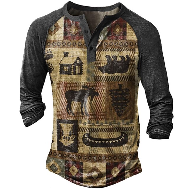 

Men's Henley Shirt Tee T shirt 3D Print Graphic Color Block Animal Plus Size Henley Casual Daily Button-Down Print Long Sleeve Tops Casual Retro Designer Military Khaki