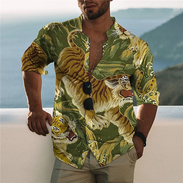 

Men's Shirt 3D Print Tiger Animal Stand Collar Casual Daily Button-Down Print Long Sleeve Tops Casual Fashion Designer Comfortable Green