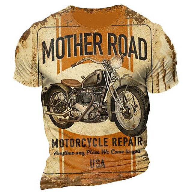 

Men's T shirt 3D Print Graphic Motorcycle Crew Neck Casual Daily Print Short Sleeve Tops Fashion Classic Comfortable Big and Tall Orange