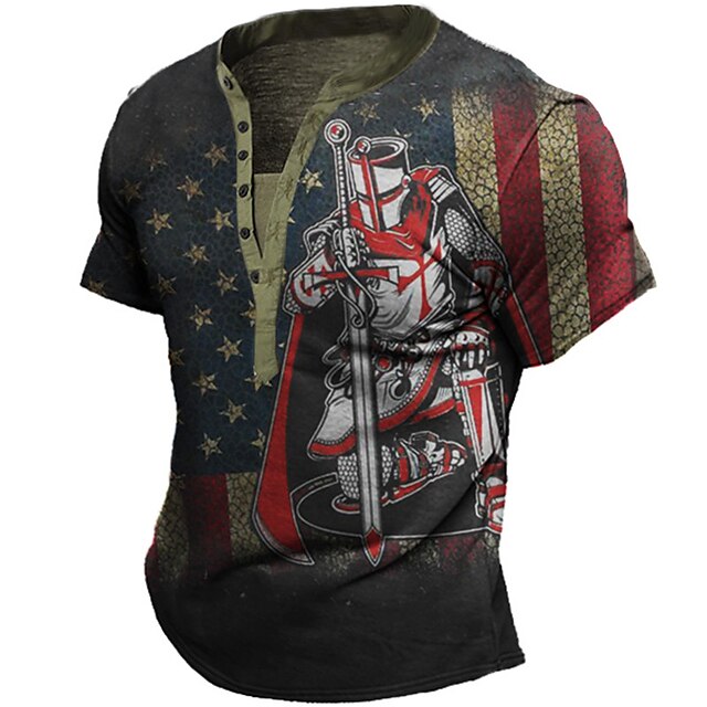 

Men's Henley Shirt Tee T shirt 3D Print Graphic Soldier Henley Casual Daily Button-Down Print Short Sleeve Tops Fashion Vintage Retro Big and Tall Black