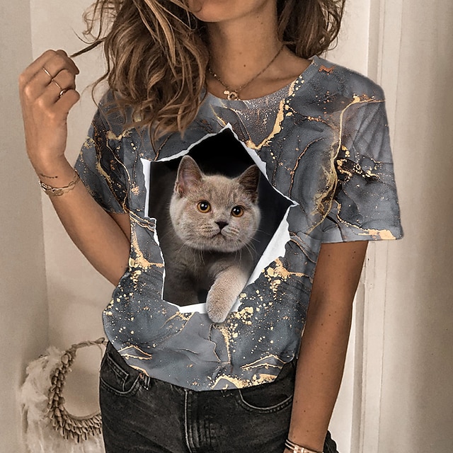 

Women's 3D Cat Painting T shirt Cat 3D Print Round Neck Basic Tops Gray