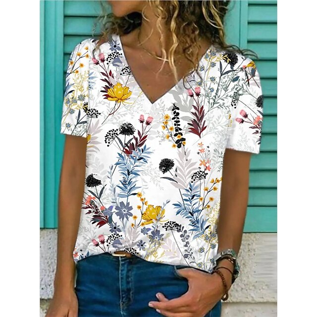 

Women's T shirt Floral Patchwork Print V Neck Basic Tops White / 3D Print