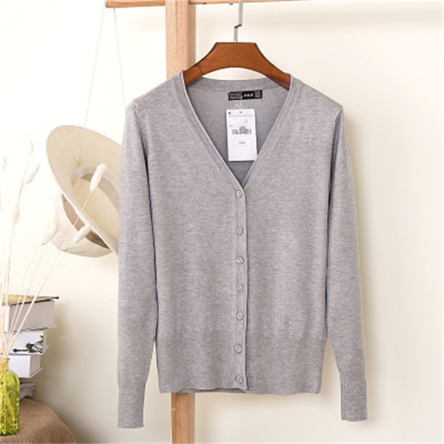  Women's Cardigan Sweater V Neck Knit Cotton Button Knitted Thin Summer Spring Outdoor Work Daily Stylish Casual Soft Long Sleeve Pure Color Yellow Wine Camel M L XL