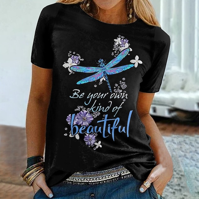 

Women's Floral Theme Painting T shirt Floral Text Animal Print Round Neck Basic Tops Black Gray Navy Blue