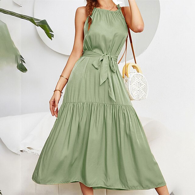 

Women's A Line Dress Midi Dress Pink Light Green Navy Blue Yellow Sleeveless Pure Color Backless Lace up Ruffle Spring Summer Crew Neck Casual 2022 S M L XL