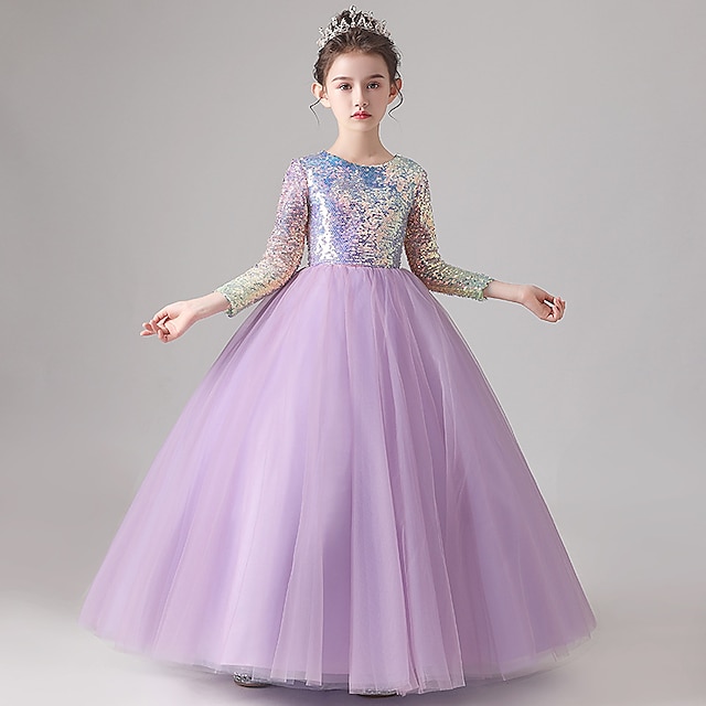 

Kids Little Girls' Dress Sequin A Line Dress Special Occasion Birthday Sequins Mesh Purple Maxi 3/4 Length Sleeve Princess Cute Dresses Spring Summer Regular Fit 3-12 Years