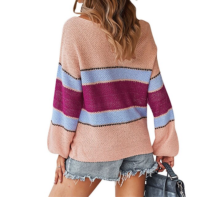 Womens Clothing Sweaters & Cardigans | Womens Pullover Sweater Jumper crochet Knit Stripe Knitted Striped Crew Neck Stylish Casu