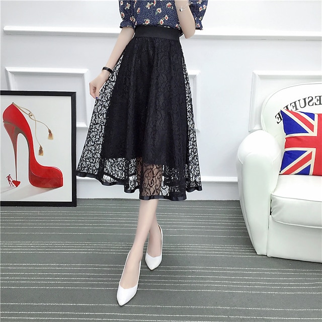 

Women's Fashion Calf-Length Skirts Date Casual / Daily Solid Colored Lace White Black Gray M L XL