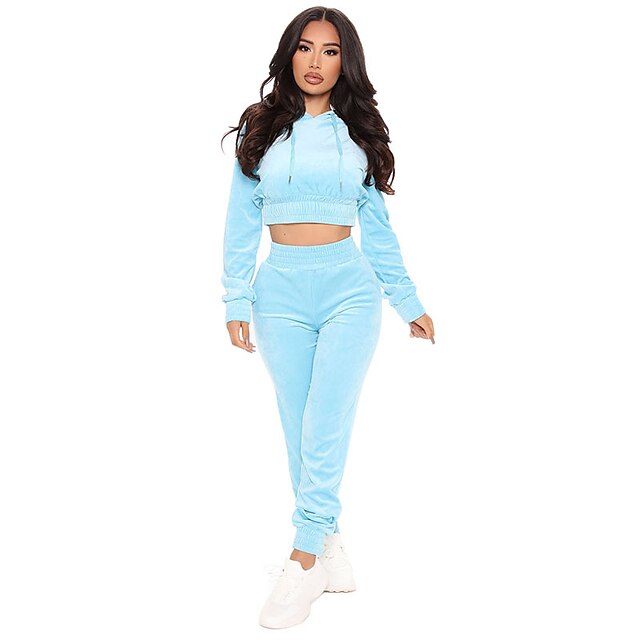 

Women's Basic Plain Sport Casual Two Piece Set Crop Top Hoodie Tracksuit Pant Jogger Pants Tops