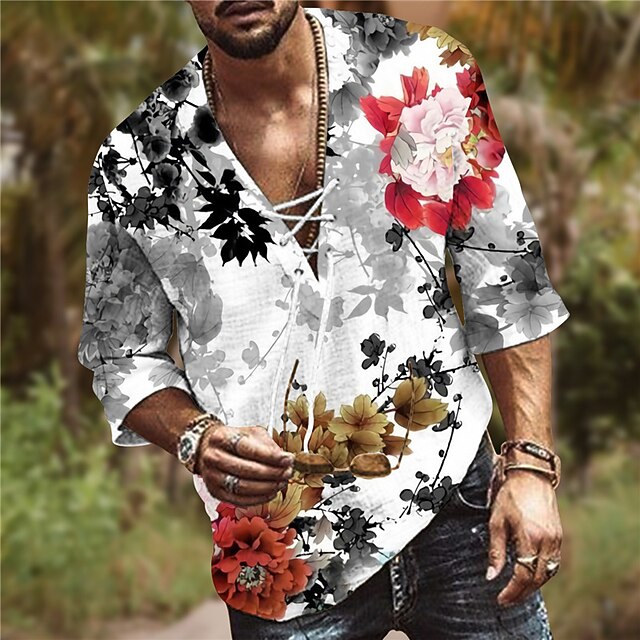 

Men's Shirt 3D Print Floral V Neck Casual Daily 3D Print Drawstring 3/4 Length Sleeve Tops Casual Fashion Designer Comfortable Gray