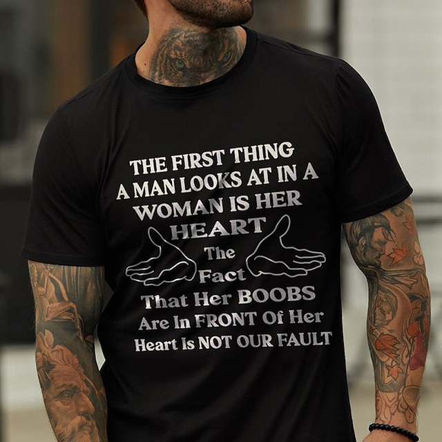  Valentines Day Mens Graphic Shirt Letter Black Blue Gray Tee Casual Style Cotton Blend Sports Lightweight Short Sleeve Comfortable Holiday The First Thing Man Looks At Woman Is Her Heart